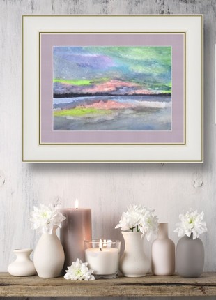Northern lights watercolor painting. Painting of nature.