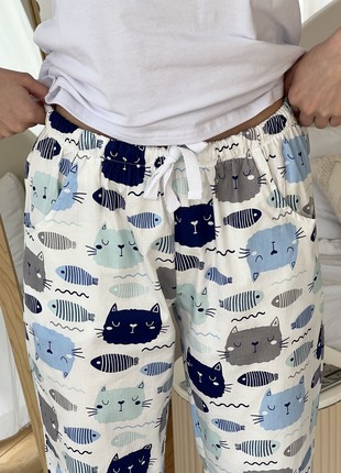 Women's Pajamas COZY satin pants+T-shirt Cats Fish milk6 photo