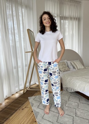 Women's Pajamas COZY satin pants+T-shirt Cats Fish milk