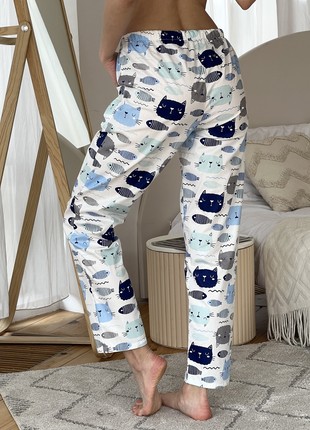 Women's Pajamas COZY satin pants+T-shirt Cats Fish milk7 photo