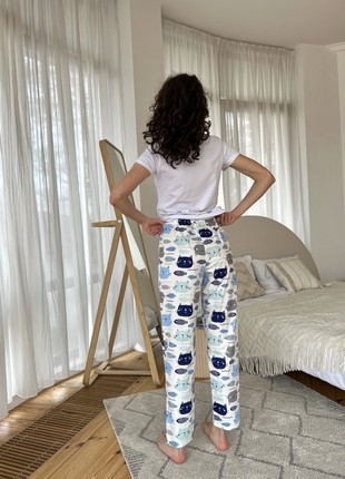 Women's Pajamas COZY satin pants+T-shirt Cats Fish milk2 photo