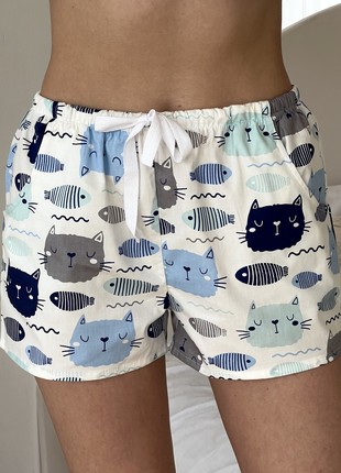 Women's pajama set COZY satin shorts/pants+T-shirt Cats Fish milk7 photo