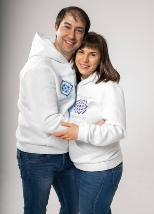 White pair of fleece hoodies with coded ornaments "I love you"2 photo