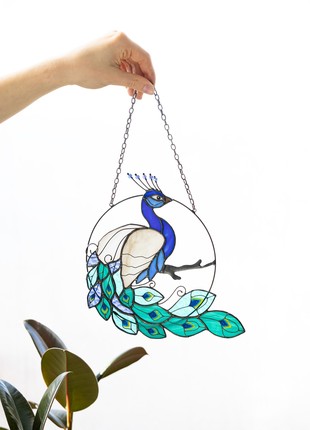 Peacock Suncatcher Peafowl Stained Glass Window Wall Hanging