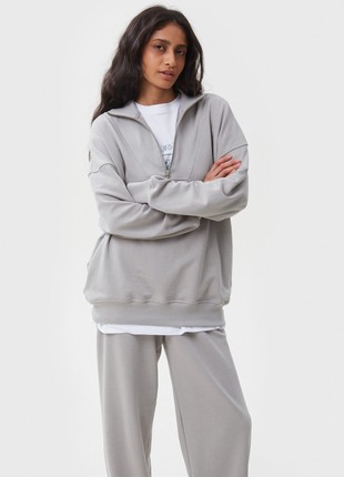 Gray loose fit sweatshirt with zipped collar2 photo