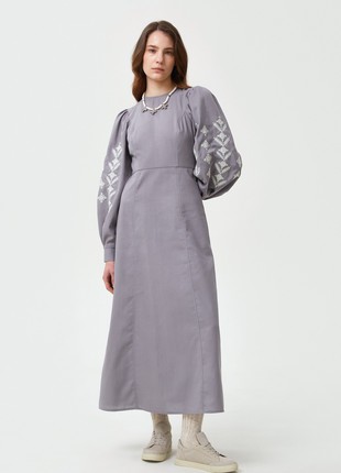 Milky linen vyshyvanka dress with rhombus embroidery