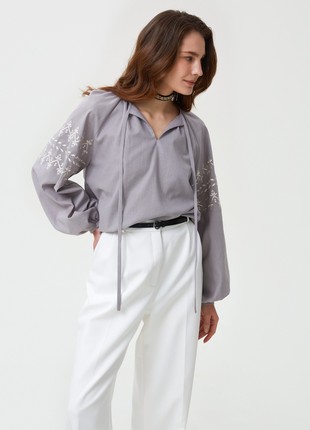 Grey linen vyshyvanka shirt with zigzags embroidery
