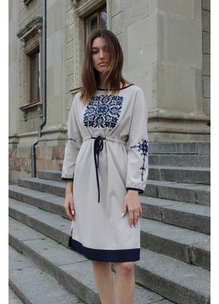 Embroidered beige linen dress Providna Zirka