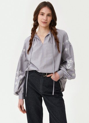 Grey linen vyshyvanka shirt with rhombus embroidery