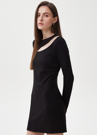 Black short viscose dress with a shoulder cut out2 photo