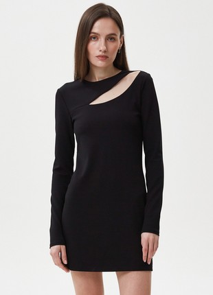 Black short viscose dress with a shoulder cut out