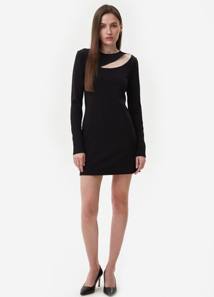 Black short viscose dress with a shoulder cut out3 photo