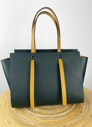 Dark green crossbody, Dark green purse, Top handle leather bag woman, Zipper leather handbag, Massanger bag for woman, Lamponi Trapez2 photo