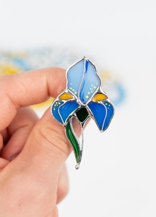 Blue iris stained glass brooch