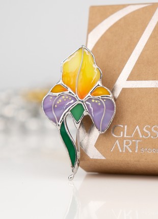 Orange Iris stained glass plant pin2 photo