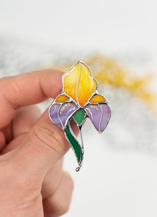 Orange Iris stained glass plant pin4 photo