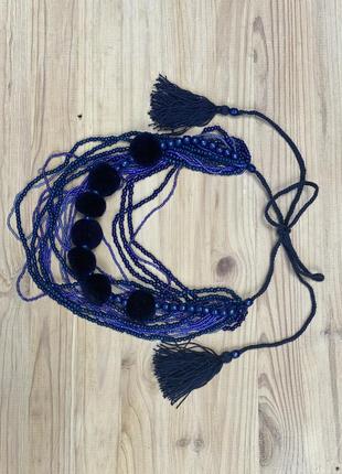 Blue beaded necklace with tassels4 photo