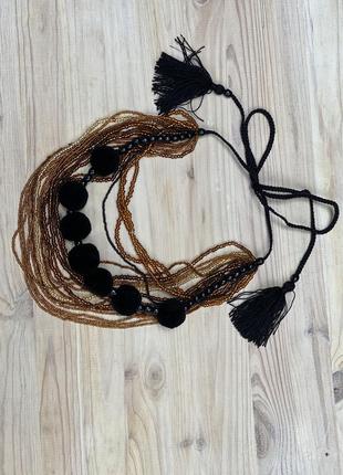 Golden-brown beaded necklace with tassels5 photo
