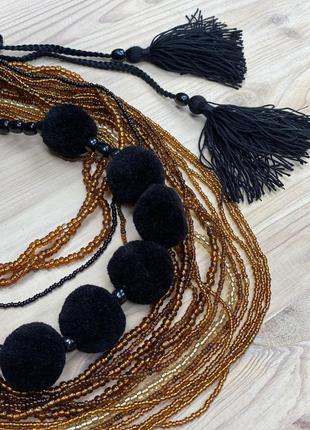 Golden-brown beaded necklace with tassels7 photo