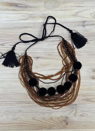 Golden-brown beaded necklace with tassels4 photo