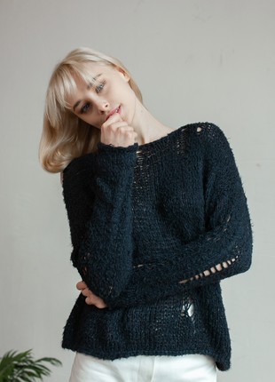 Silk black hand-knitted sweater