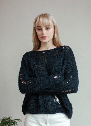 Silk black hand-knitted sweater in stock6 photo