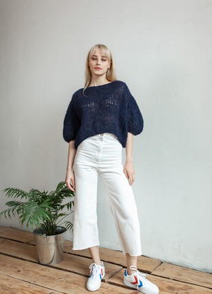 Camel yarn hand knitted navy sweater in stock2 photo
