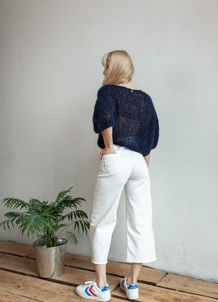 Camel yarn hand knitted navy sweater in stock3 photo