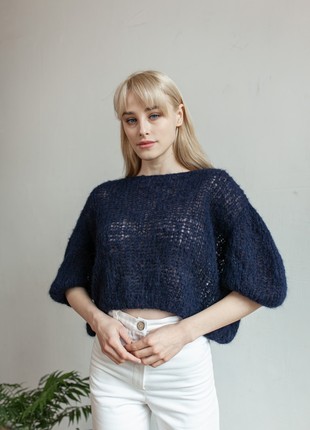 Camel yarn hand knitted navy sweater in stock4 photo