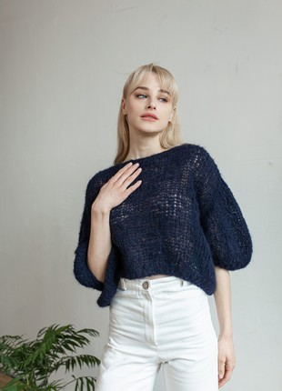 Camel yarn hand knitted navy sweater in stock7 photo