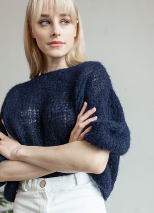 Camel yarn hand knitted navy sweater in stock6 photo