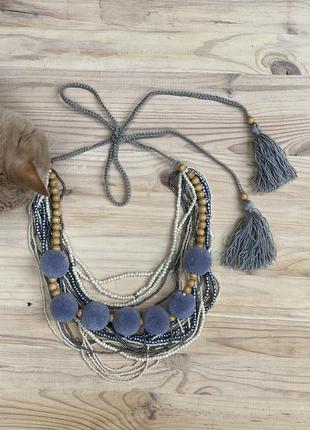 Gray beaded necklace with tassels3 photo