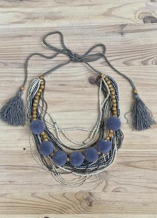 Gray beaded necklace with tassels4 photo