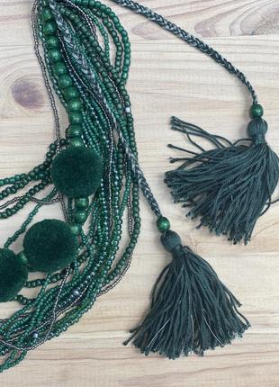 Green beaded necklace with tassels4 photo