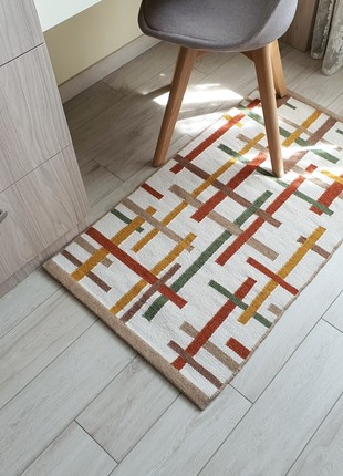 Woven wool rug Rainbow abstract lines , Handmade, 44"x24"