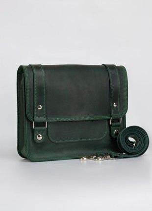 Leather shoulder briefcase for women on strap / Green - 10319 photo