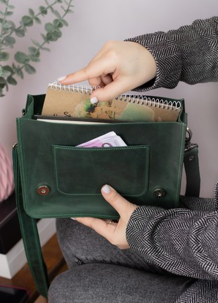 Leather shoulder briefcase for women on strap / Green - 10313 photo