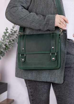 Leather shoulder briefcase for women on strap / Green - 10316 photo