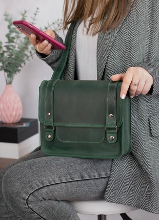 Leather shoulder briefcase for women on strap / Green - 10311 photo
