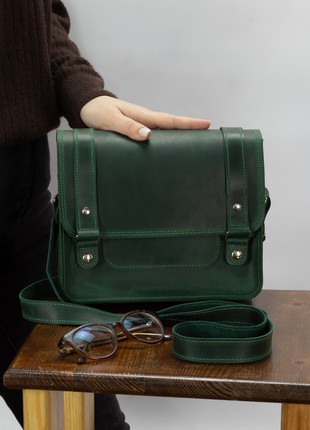 Leather shoulder briefcase for women on strap / Green - 10318 photo
