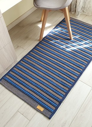 Bedside blue wool rug Striped with felted yarn, 55"x26"