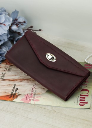 Leather long wallet for women / Women's wallet for mobile phone / Burgundy - 10306 photo