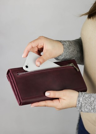 Leather long wallet for women / Women's wallet for mobile phone / Burgundy - 10304 photo