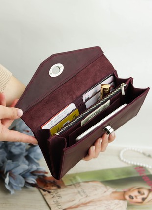 Leather long wallet for women / Women's wallet for mobile phone / Burgundy - 10302 photo