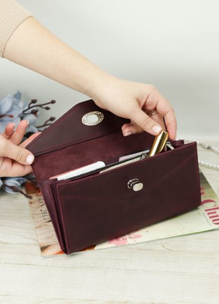 Leather long wallet for women / Women's wallet for mobile phone / Burgundy - 10305 photo