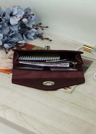 Leather long wallet for women / Women's wallet for mobile phone / Burgundy - 10307 photo
