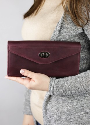 Leather long wallet for women / Women's wallet for mobile phone / Burgundy - 10301 photo