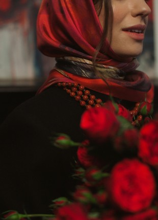 Red scarf shawl with the image of flowers in artificial silk 36,6 inches2 photo