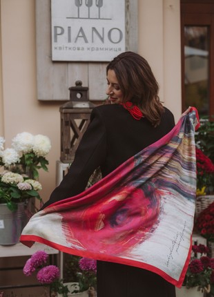Red scarf shawl with the image of flowers in artificial silk 36,6 inches7 photo