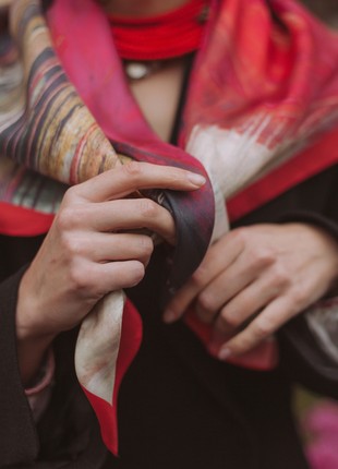 Red scarf shawl with the image of flowers in artificial silk 36,6 inches6 photo
